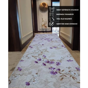 Elit Lila Kahve Çiçekli Kabartmalı Kaymaz Taban Yıkanabilir Kesme Yolluk Halı