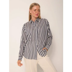 Kadın Oversize Elvan Kumaş Kalın Çizgili Beyaz Viskoz Gömlek