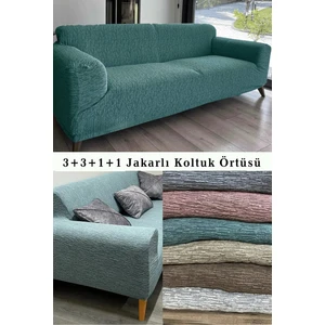 Jakarlı Çubuk Desen Koltuk Örtüsü 3+3+1+1 Takımı Lastikli Esnek Yıkanabilir Çekyat Kanepe Kılıfı