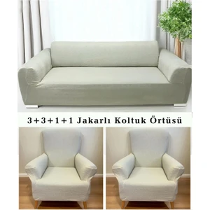 Jakarlı Çubuk Desen Koltuk Örtüsü 3+3+1+1 Takımı Lastikli Esnek Yıkanabilir Çekyat Kanepe Kılıfı