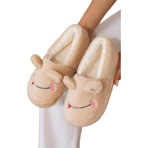 Kadın Panduf Kaydırmaz Tabanlı Bej Kurbağa Figürlü Kışlık Ev Ayakkabısı