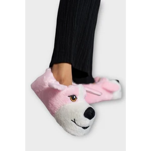 Unisex Sevimli Köpek Figürlü Kaymaz ve Ses Yapmaz Taban Ev Panduf Pudra