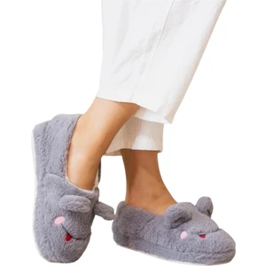 Kadın Ev Ayakkabısı Kurbağa Desenli Kaydırmaz Tabanlı Kışlık Panduf Gri Renk