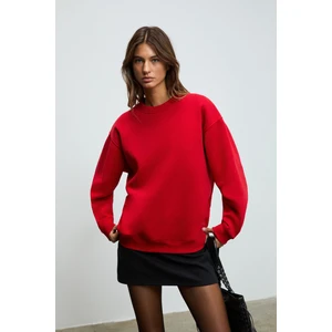Karıus Kadın Organik Pamuklu Içi Polarsız Oversize Yuvarlak Yakalı Kırmızı Sweatshirt