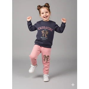 Kız Çocuk Üç Iplik Şardonlu 2’li Takım | Sweatshirt & Eşofman Altı |  Fiyonk Baskılı