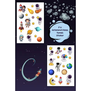 2 Sayfa Uzay Sticker, Gezegen - Astronot - Yıldız - Meteor - Uzaylı Etiket