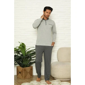 Erkek 3 Düğmeli Çizgili Desen %100 Pamuk Uzun Manşetli Kol Cepli Pijama Takımı