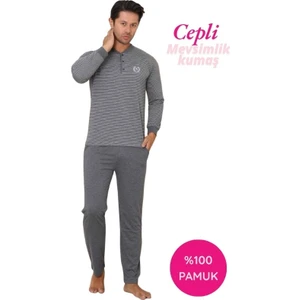 Erkek 3 Düğmeli Çizgili Desen %100 Pamuk Uzun Manşetli Kol Cepli Pijama Takımı