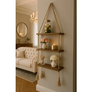 3 Katlı Dekoratif Ahşap Halatlı Duvar Rafı Kitaplık & Çiçeklik Uçan Raf 35CMX10CMX90CM