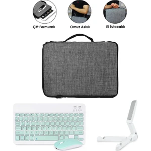 Samsung Galaxy Tab S9 Fe X510 10.9 Inch Tablet Uyumlu Gri Çanta + Türkçe Bluetooth Klavye +Mouse + Standı - Yeşil AL5161