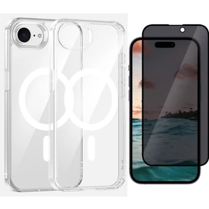 iPhone 16E Kılıf M-safe Şarj Özellikli Şeffaf Sert PC Vendas Embos Kapak + Hayalet Cam Ekran Koruyucu