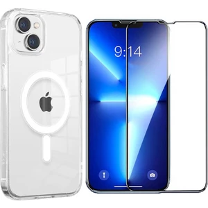 iPhone 13 Mini Uyumlu Kılıf M-safe Şarj Özellikli Şeffaf Sert PC Vendas Embos Kapak + Cam Ekran Koruyucu