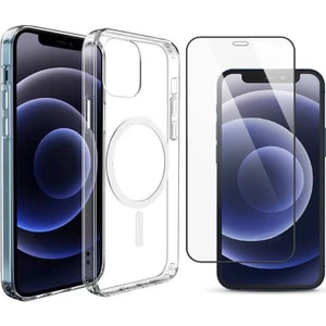 iPhone 12 Mini Kılıf M-Safe Şarj Özellikli Şeffaf Sert Pc Zore Embos Kapak + Cam Ekran Koruyucu