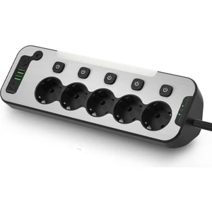 Nekuba Bağımsız Anahtarlı LED Aydınlatmalı 5'li Işıklı Akım Korumalı Köşeli Çoklu Priz, 2x USB - 2x Type-C Giriş, Metal Ön Panel