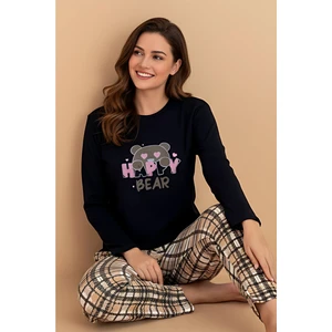 Happy Bear Pijama Takımı – Uzun Kollu Siyah Üst & Ekose Desenli Alt | Ev Giyim & Uyku Takımı