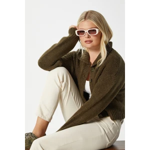 Kadın Lean Yumuşak Doku Polo Yaka Haki Basic Triko Hırka HI00179