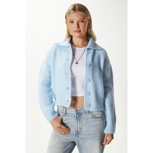 Kadın Lean Yumuşak Doku Polo Yaka Mavi Basic Triko Hırka HI00179