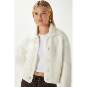 Kadın Lean Yumuşak Doku Polo Yaka Ekru Basic Triko Hırka HI00179