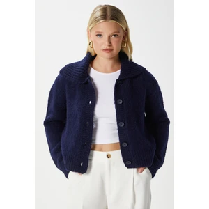 Kadın Lean Yumuşak Doku Polo Yaka Lacivert Basic Triko Hırka HI00179