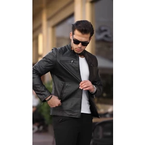 Yeni Sezon Dik Yaka Fermuarlı Erkek Deri Ceket Siyah