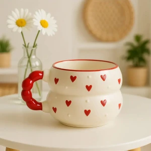 Boncuk Kulp Katmerli Noktalı Kalp Desenli Özel Kabartmalı El Işlemeli Seramik Kupa