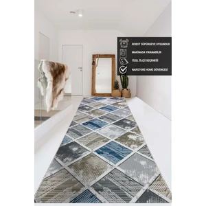 NarStore Home Elit Kahve Mavi Geometrik Desenli Yıkanabilir Kaymaz Taban Kesme Yolluk Halı