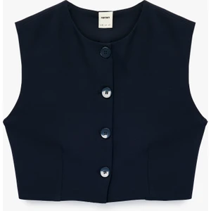 Düğmeli Bisiklet Yaka Crop Yelek