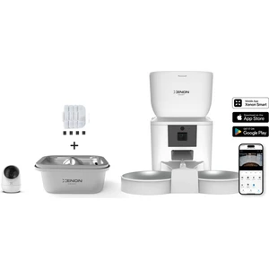 Xenon Smart Akıllı Çift Hazneli Beyaz Mama Kabı, Ultra Sessiz Su Şelalesi, Yedek Su Filtresi ve İç Mekan Kamera 4'lü Pet Seti