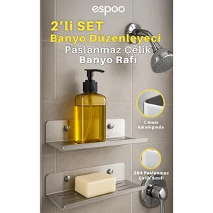 Yapışkanlı ve Vidalı Paslanmaz Çelik Banyo Rafı, Düzenleyici Duşakabin Için Şampuanlık Sabunluk Seti