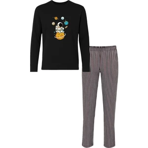 Erkek Pamuklu Uzun Kollu Üst Astronot Baskılı Alt Çizgili Pijama Takımı