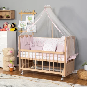 Ahşap Beşik Anne Yanı Beşik Organik (Boyasız) 60X120 - Pembe Prenses Uyku Seti Yatak Tekerlekli
