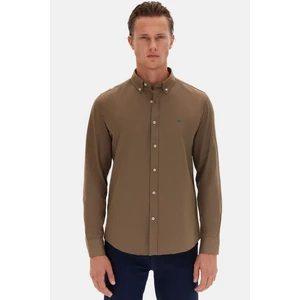 Slim Fit Haki Oxford Düğmeli Yaka Kolay Ütülenebilir Nakış Detaylı Pamuklu Gömlek 4HC02ORT03265