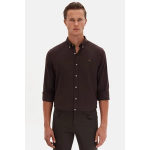 Slim Fit Acı Kahve Oxford Düğmeli Yaka Kolay Ütülenebilir Nakış Detaylı Pamuklu Gömlek 4HC02ORT03265