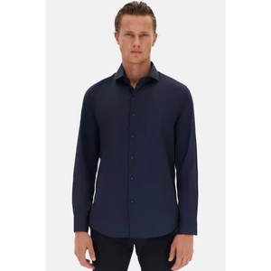 Slim Fit Lacivert Italyan Yaka Armürlü Uzun Kollu Kolay Ütülenebilir Nefes Alan Dört Mevsim Gömlek 2HF02ORT3185