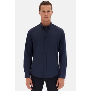 Slim Fit Lacivert Oxford Düğmeli Yaka Kolay Ütülenebilir Nakış Detaylı Pamuklu Gömlek 4HC02ORT03265