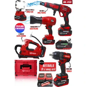 5’li Set Kırmızı Kabartmalı Araç Seti (800 Nm Torklu – Araç Yıkama – Işık – Lastik Şişirme – Hava Üfleme)