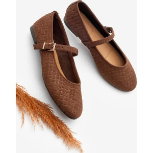 Kadın Desenli Bantlı Günlük Babet Afira Kahve Süet