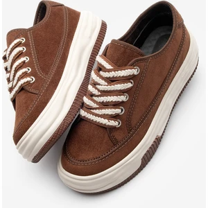 Kadın Sneaker Yüksek Taban Bağcıklı Bez Spor Ayakkabı Kotnel Kahve Süet