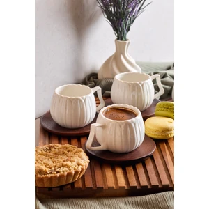 Dark Balkabağı 6'lı Akasya Tabaklı Modern Porselen Kahve Fincanı Seti