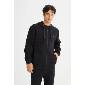 Regular Fit Normal Kesim Kapüşonlu Fermuarlı Siyah Sweatshirt Ceket