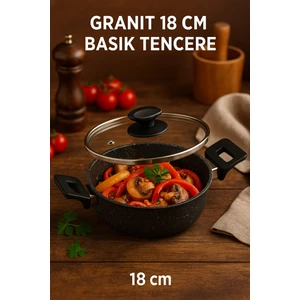 Ekonomik Seri 18 cm Basık Granit Tencere – Yapışmaz Yüzey, Ergonomik Saplı,cam Kapaklı
