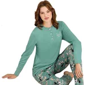 3923 Kadın Kışlık Ön Üç Düğmeli O-Yaka Büyük Beden Pijama Takım