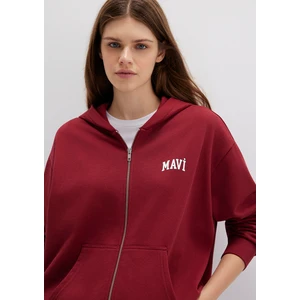 Mavi Logo Baskılı Kapüşonlu Fermuarlı Bordo Sweatshirt 1S10178-85493