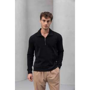 Eric Relax Fit Yarım Fermuarlı Polo Yaka Selanik Kumaş Erkek Sweatshirt - Siyah