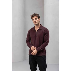 Eric Relax Fit Yarım Fermuarlı Polo Yaka Selanik Kumaş Erkek Sweatshirt - Bordo