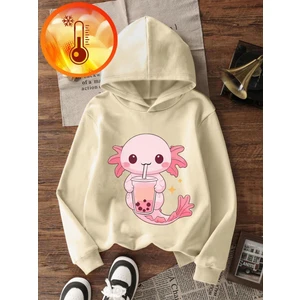 Ekru Sevimli Aksolotl ve Bubble Tea Baskılı Kız Çocuk  Sweatshirt Rahat Kalıp