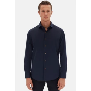 Slim Fit Koyu Lacivert Italyan Yaka Armürlü Uzun Kollu Kolay Ütülenebilir Nefes Alan Dört Mevsim Gömlek 2HF02ORT3185