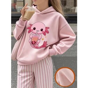 Pembe Sevimli Aksolotl ve Bubble Tea Baskılı Kız Çocuk  Sweatshirt Rahat Kalıp