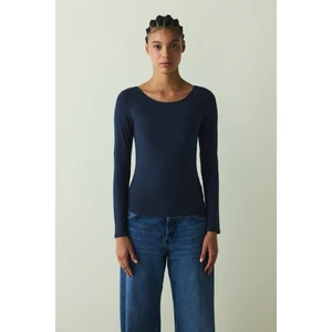 CUPsecret Kendinden Pedli Lacivert Bisiklet Yaka Uzun Kollu Slim Fit Üst