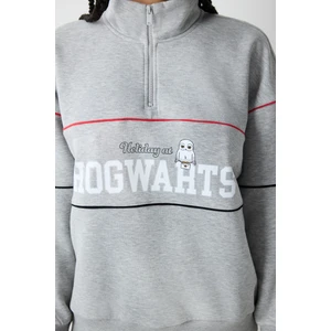 Gri Melanj Yarım Fermuarlı Harry Potter Baskılı Sweatshirt